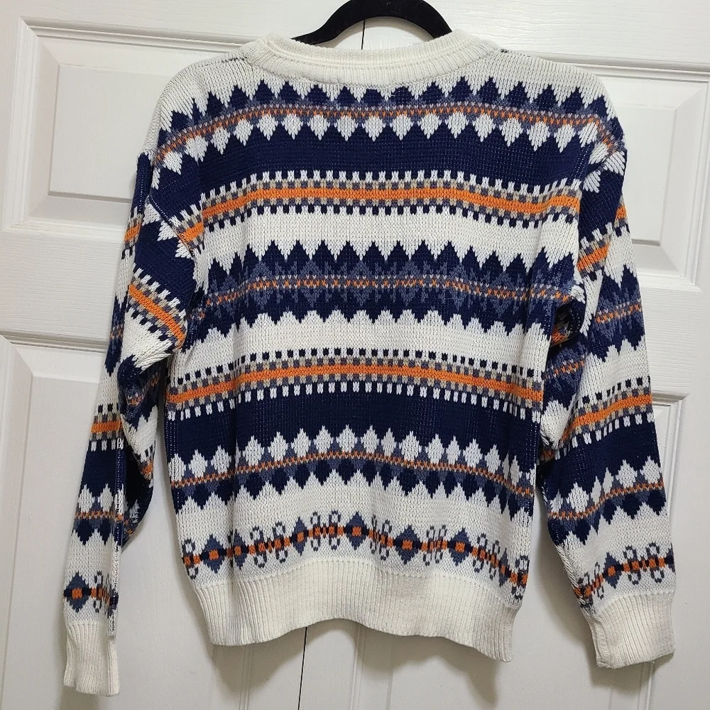 80's Vintage‎ Mens Store Sears Sweaters  White Blue Pullover Crewneck Knit SMALL